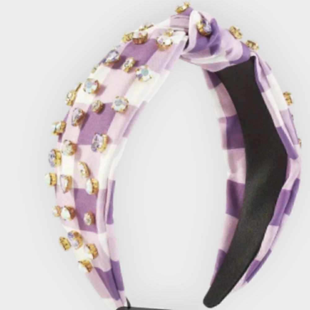 New! Purple Gingham Jeweled Knotted Headband Embellished Rhinestone
